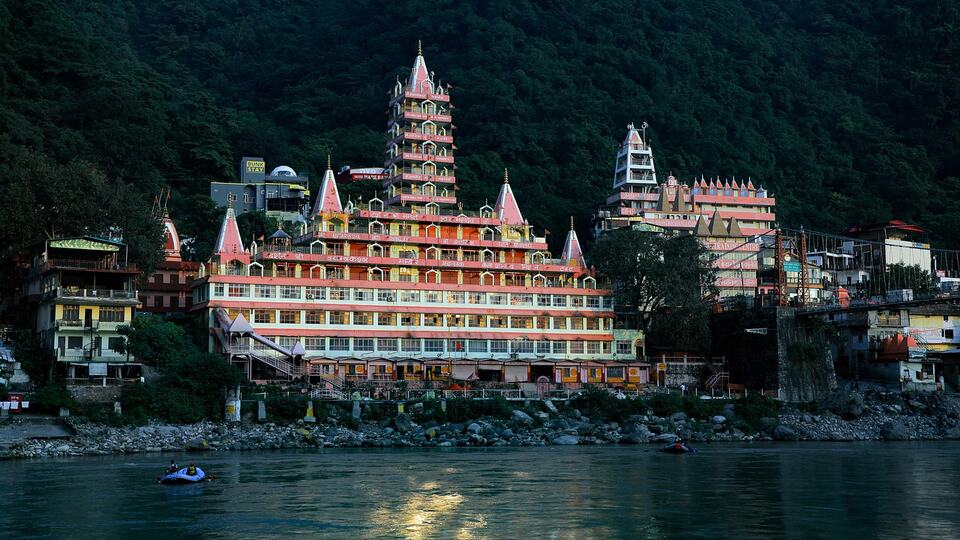 Multi-storey temple on the bank of the Ganges in Rishikesh