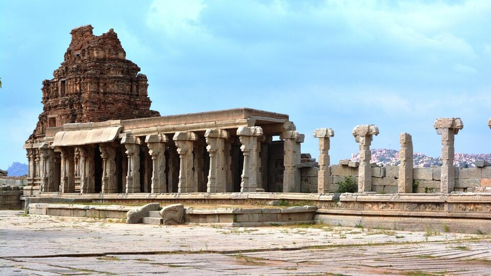 Pillared stone temple among the ruins of Hampi in Karnataka