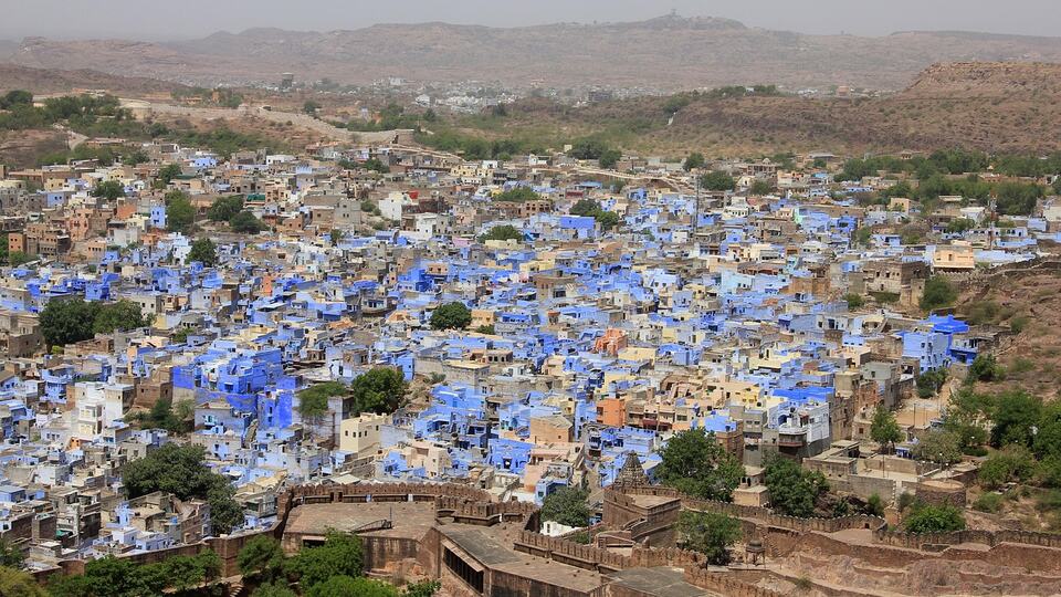 Blue-painted houses of the old city of Jodhpur seen from above