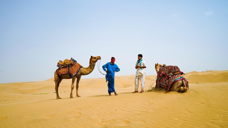Camels and their handlers on the sand dunes of the Thar Desert in Rajasthan