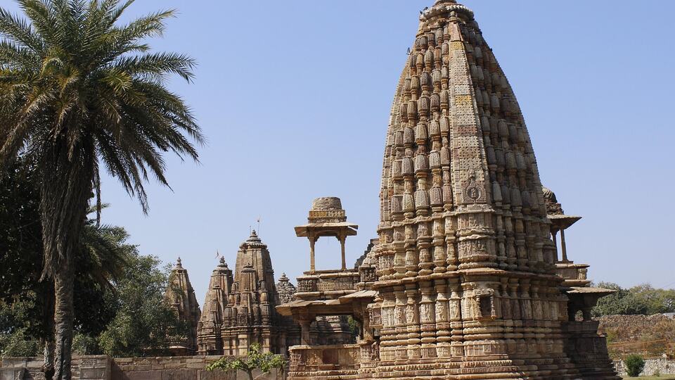 Stone shikhara tower of a Hindu temple surrounded by palm trees