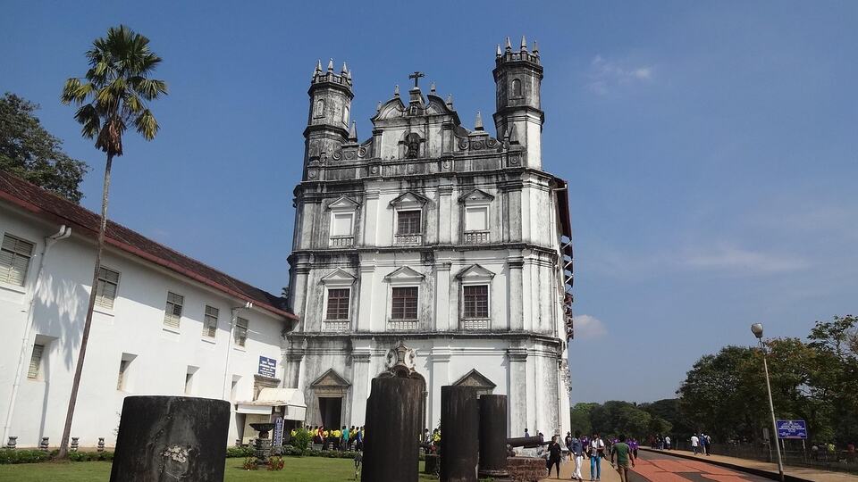 White facade of a Portuguese-era church in Old Goa