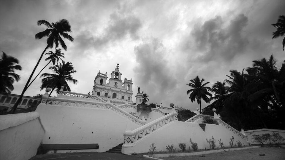 Black-and-white view of the Church of Our Lady of the Immaculate Conception in Panjim, Goa