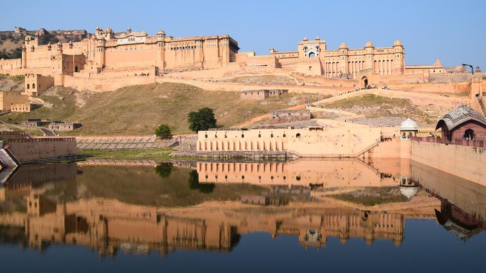 Amber Fort reflected in Maota Lake near Jaipur