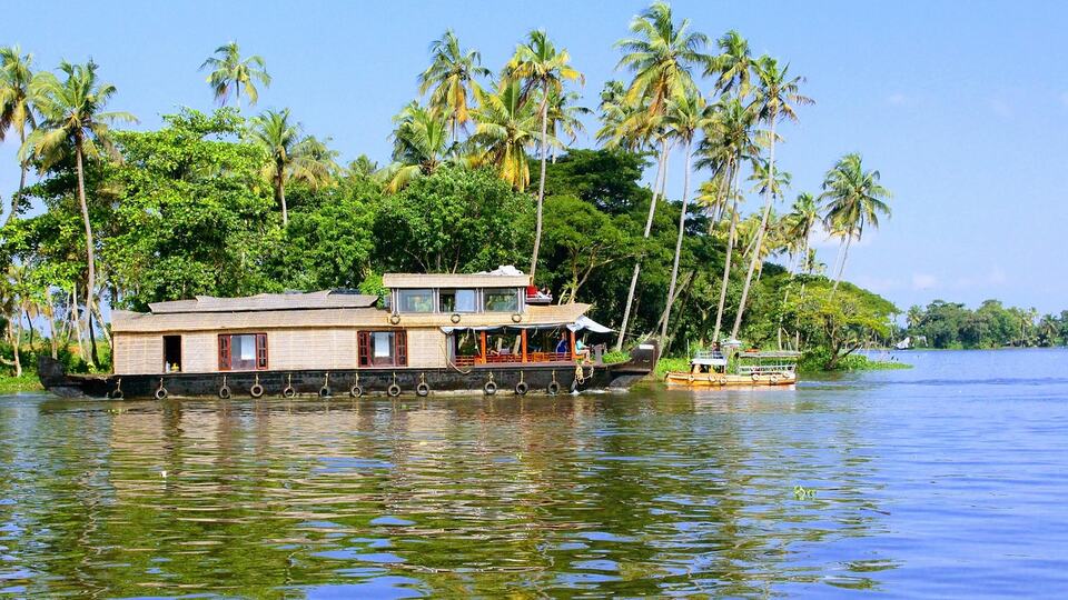 Houseboat cruising the Alleppey backwaters between coconut palms
