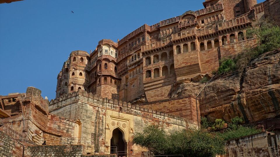 The massive sandstone walls of Mehrangarh Fort in Jodhpur, Rajasthan