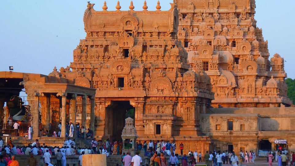 Towering gopuram gateway of a Chola temple in Tamil Nadu