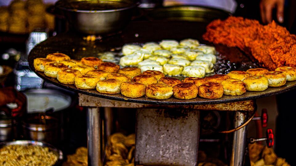 Street food being cooked in the old lanes of Varanasi